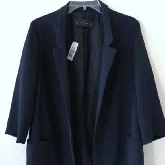 Zara Navy Blue Blazer Open Front Half Sleeve Pockets Women Size M - Picture 4 of 10